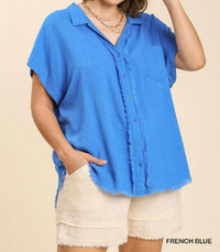 Umgee - Linen Button Front Fray Hem Top - Plus