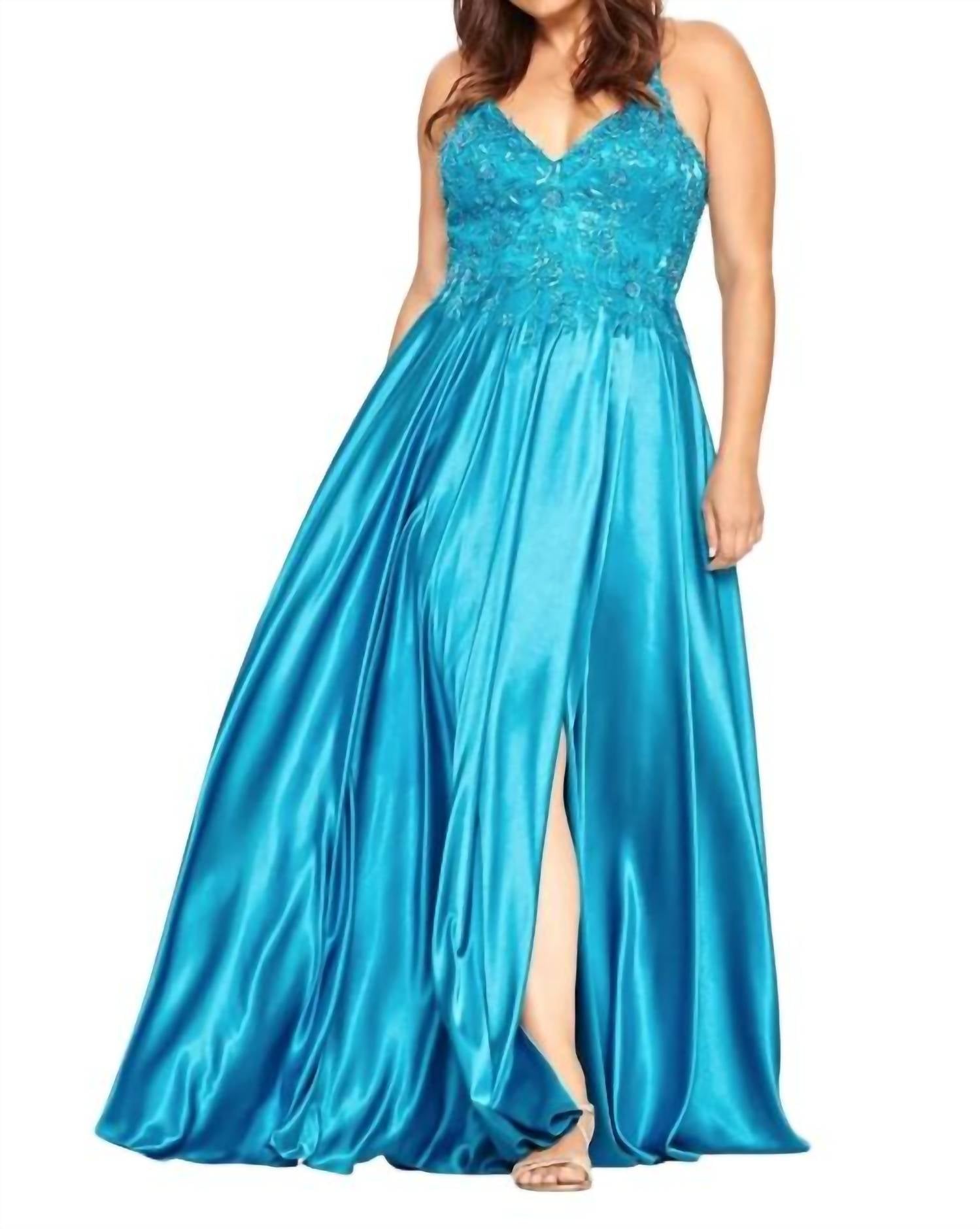FAVIANA Applique Bodice Gown in teal - women's dress