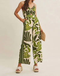 In February - Island Breeze Border Print Knot Front Wide-Leg Jumpsuit