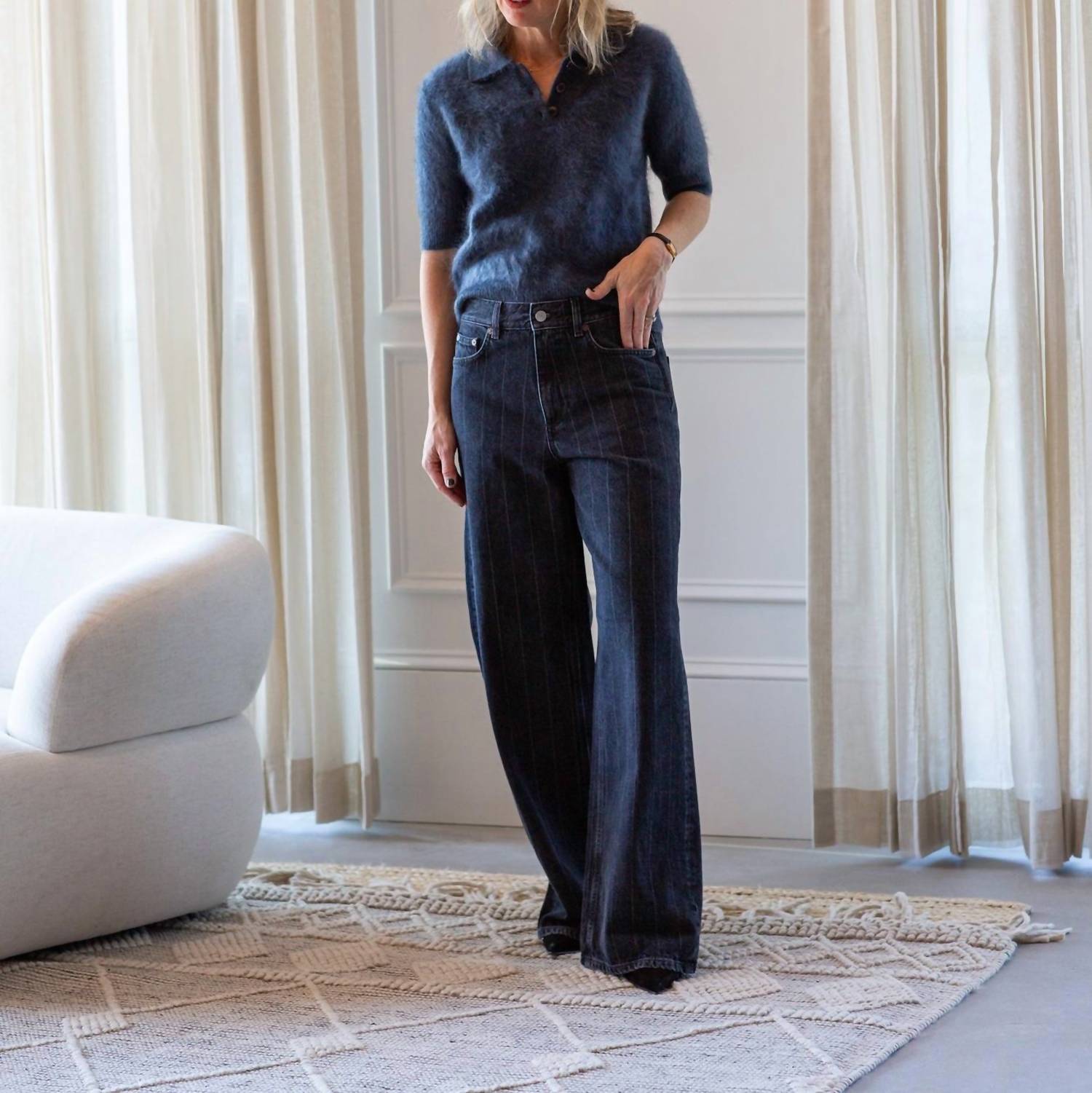 House of Dagmar Baggy Fit Stripe Denim Jeans in black - women's jeans - detail view