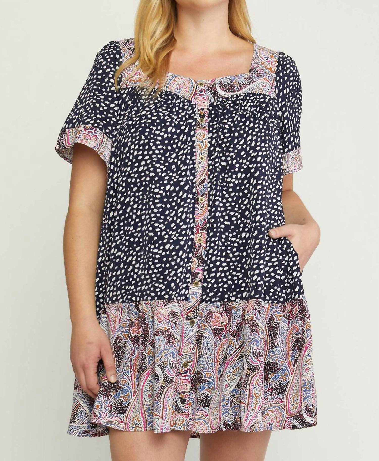 Entro - Mixed Print Square Neck Dress - Plus