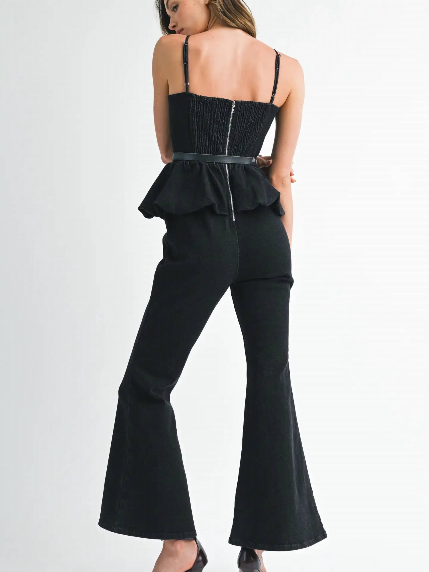 Endless Blu. - Rhinestone Belted Boot Cut Romper