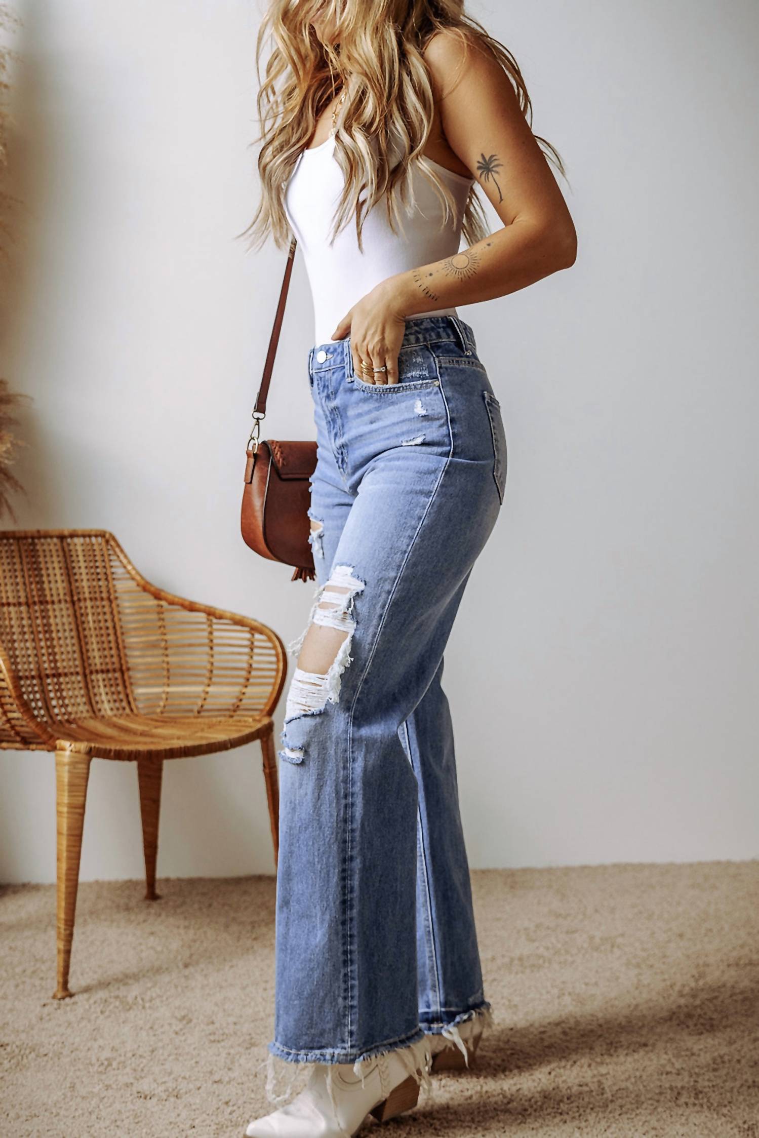 Threaded Pear - Distressed High Waist Straight Jeans