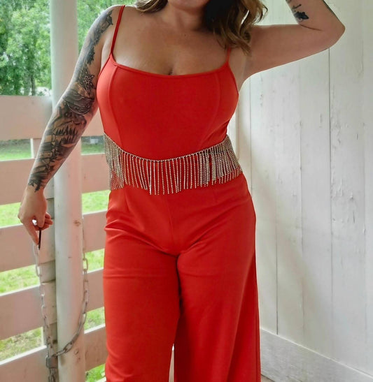 Blue B - Rhinestone Fringe Cut Out Side Open Back Jumpsuit