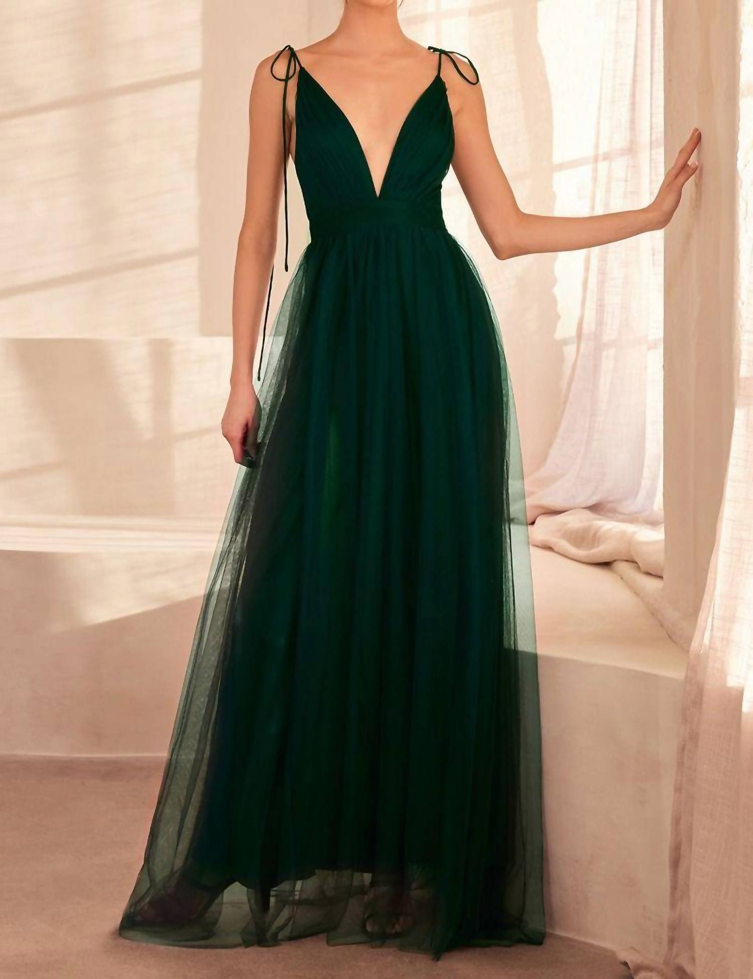 Ladivine Plunging Neckline Illusion Slits Dress in emerald - women's dress
