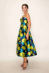 B.Right - Floral Jacquard Strapless Pleated Midi Dress