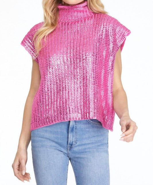 She + Sky - Metallic Foil Sleeveless Turtleneck Sweater Top