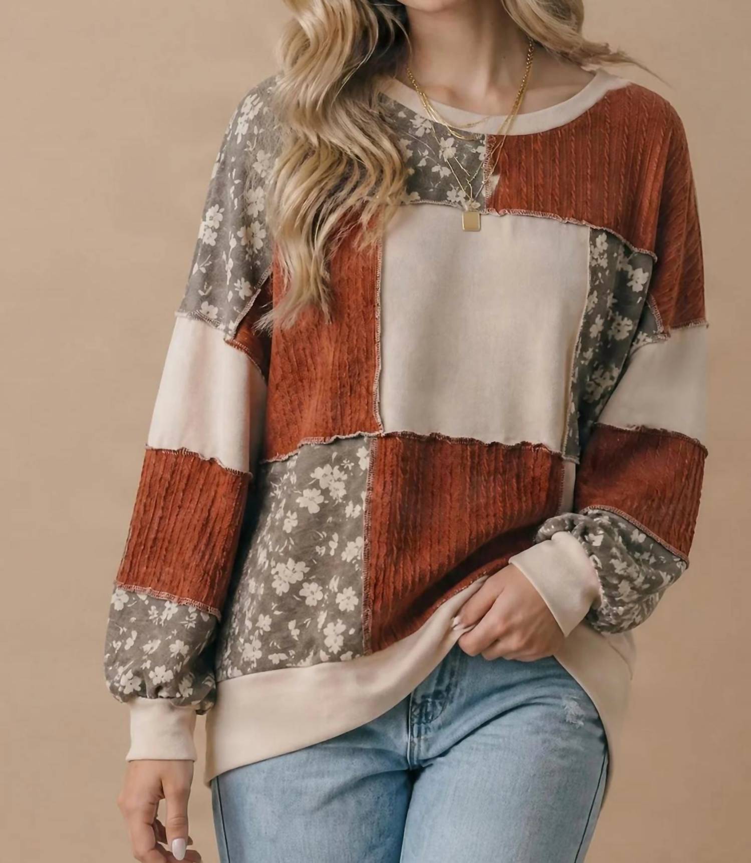 Haptics - Color Block Floral Patchwork Pullover Sweatshirt