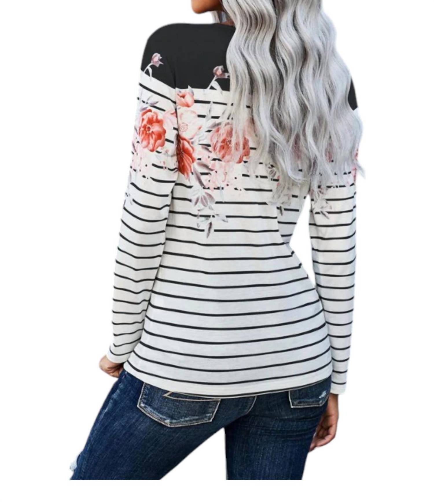 Sweet Lover Fashion - Striped Floral Print Long Sleeve Top