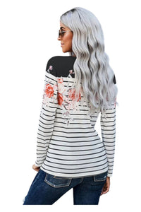 Sweet Lover Fashion - Striped Floral Print Long Sleeve Top