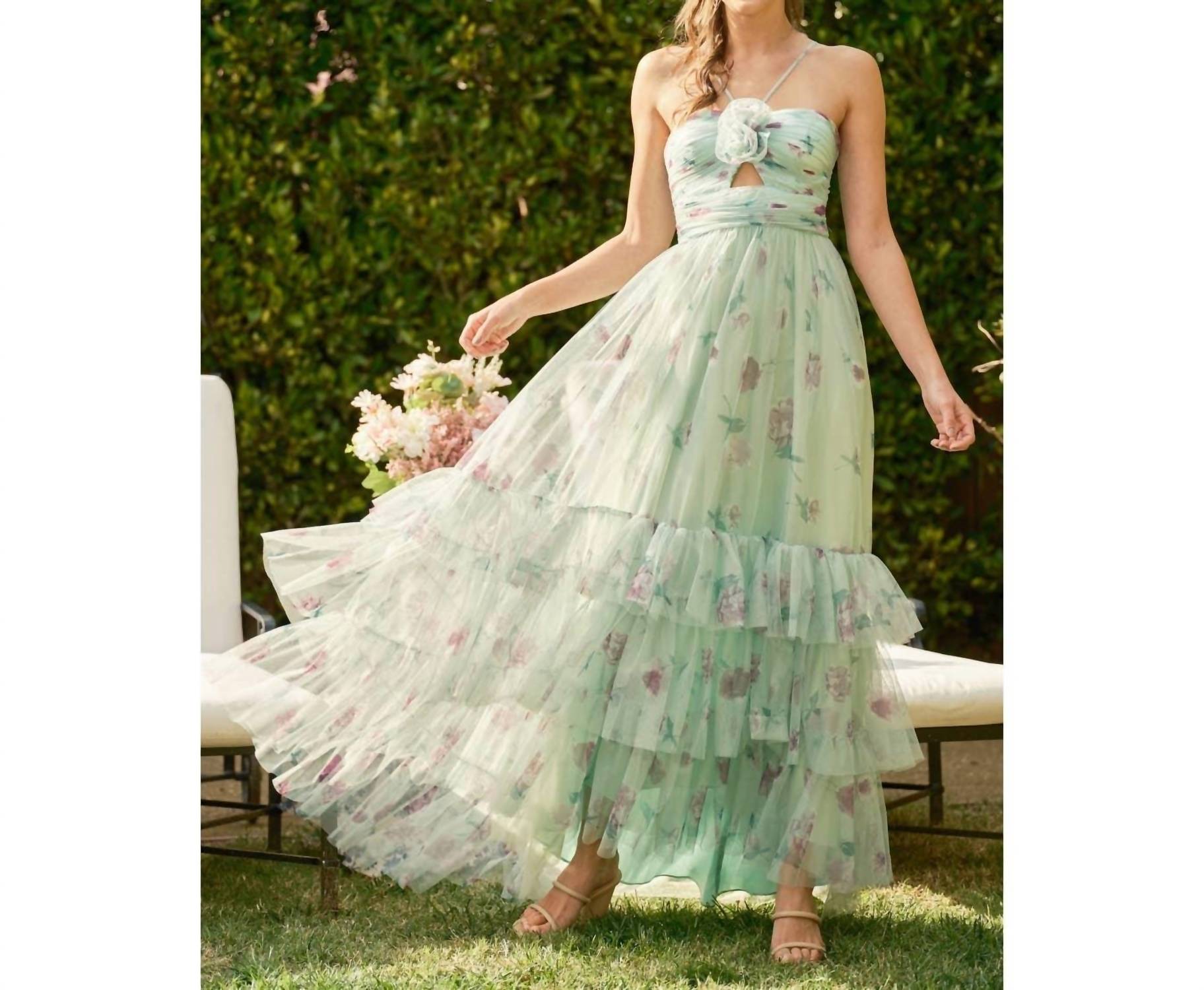 Ina Fashion - Rosette Detail Cut Out Tiered Maxi Dress