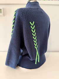 Wispr Women's Presley Plait Mock Neck Sweater in navy neon green - women's sweater - detail view