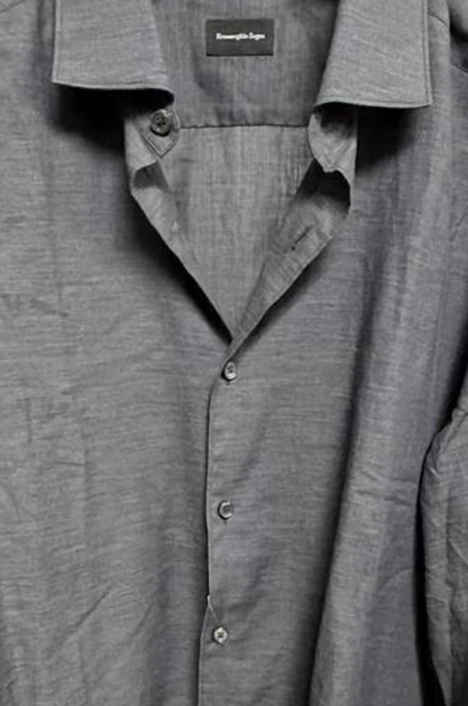 Ermenegildo Zegna Men Long Sleeve Sport Shirt in dark grey solid - men's shirt - detail view