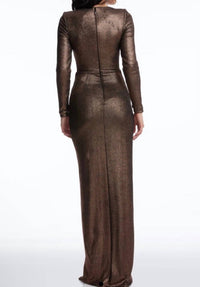 DRESS THE POPULATION Shimmery Sparkling Romera Long Sleeve Maxi Dress in bronze - women's dress - alternate view