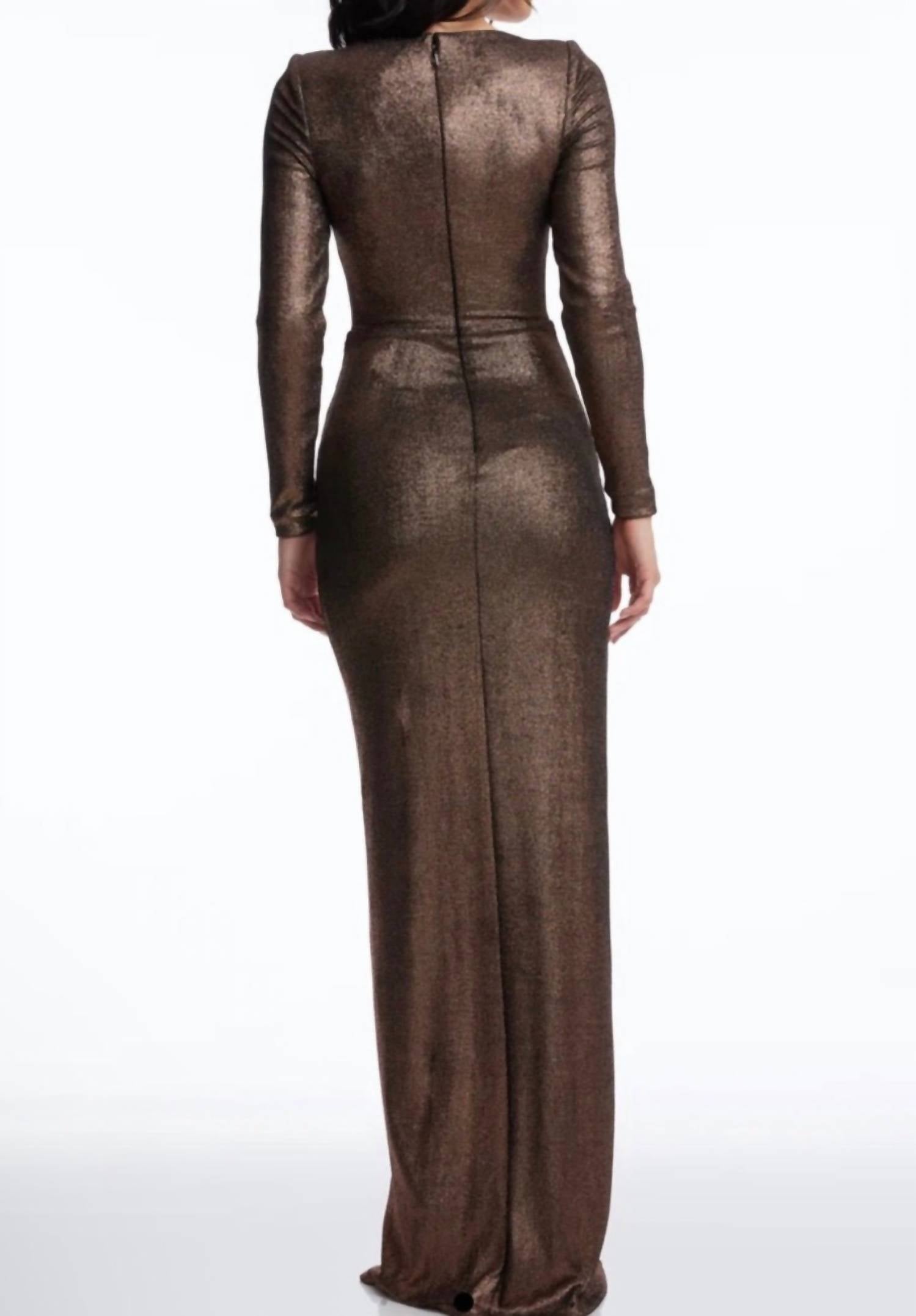 DRESS THE POPULATION Shimmery Sparkling Romera Long Sleeve Maxi Dress in bronze - women's dress - alternate view