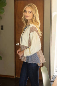 Voy - Half Snap Button Color Block Peplum Sweatshirt
