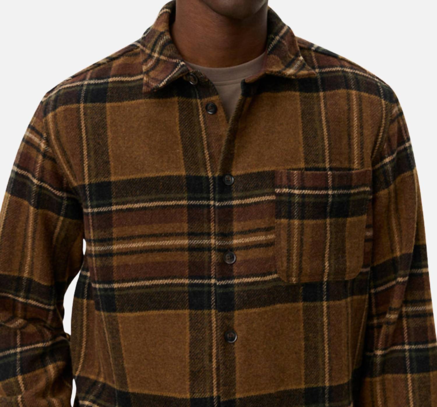 Les Deux Kaleb Check Wool Overshirt Top in monk s robe brown - men's shirt - detail view