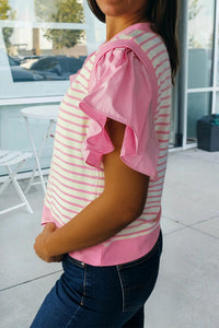 66Disco - Stripe Ruffled Short Sleeve Patchwork Blouse