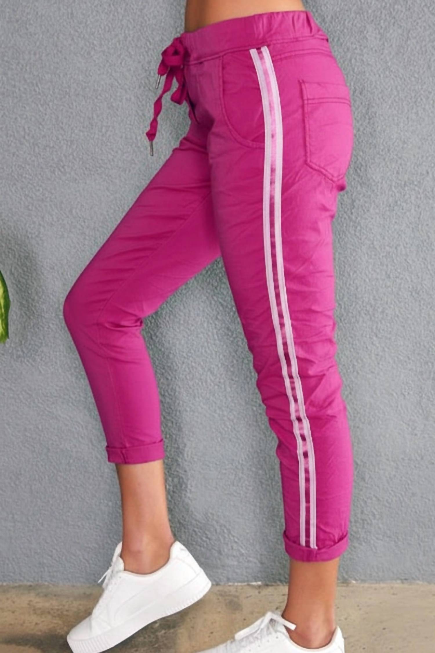 Venti6 - Irene Checkered Stripe Side Ribbon Italian Joggers
