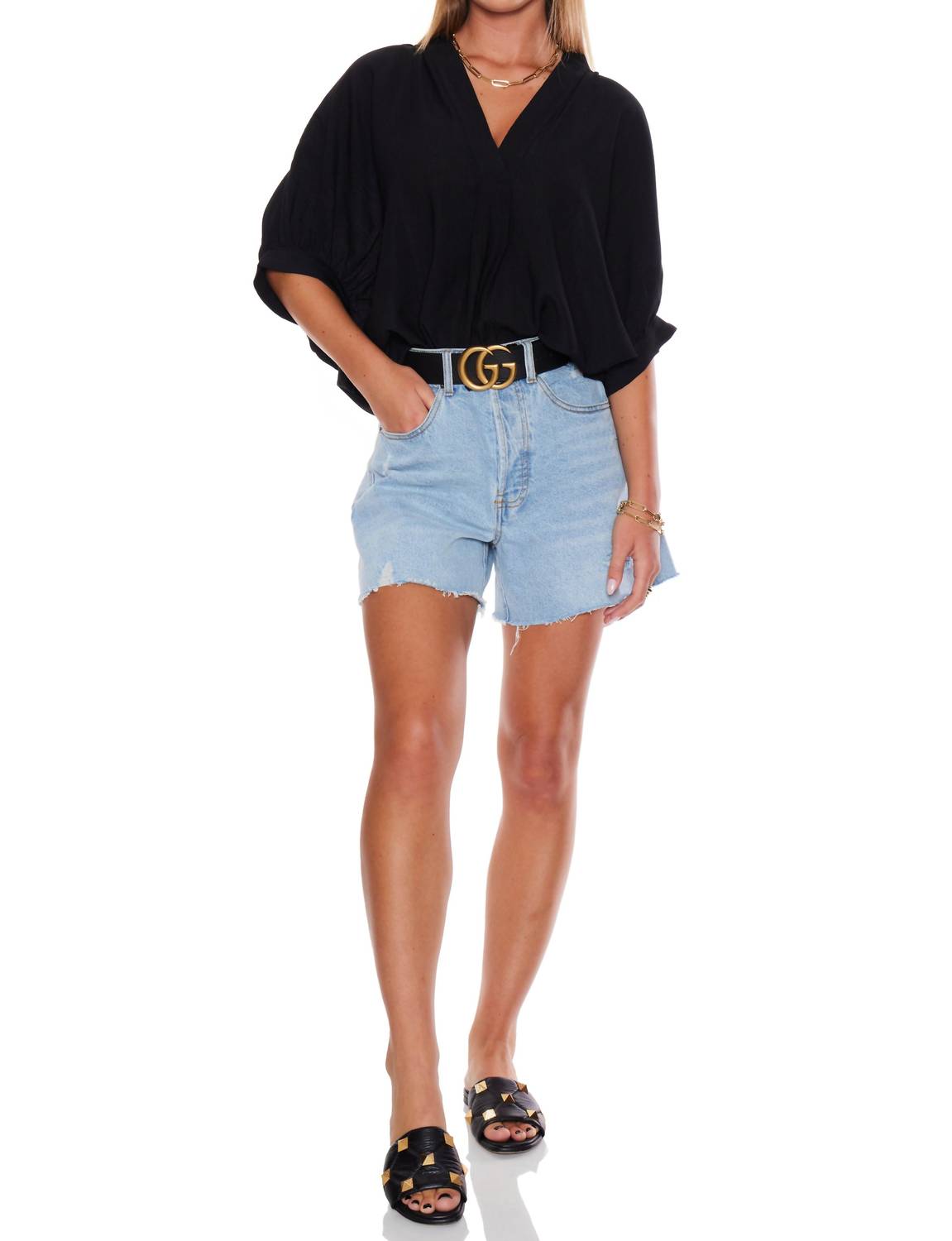 PINCH V-neck Tunic Top in black - women's blouse - detail view