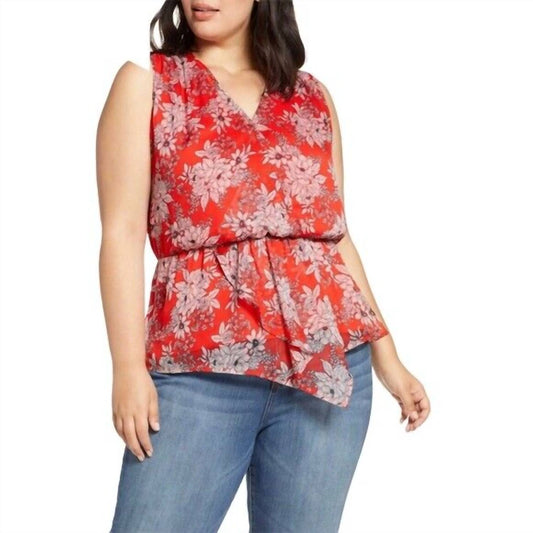 Vince Camuto - Floral Print V-Neck Asymmetrical Chiffon Blouse
