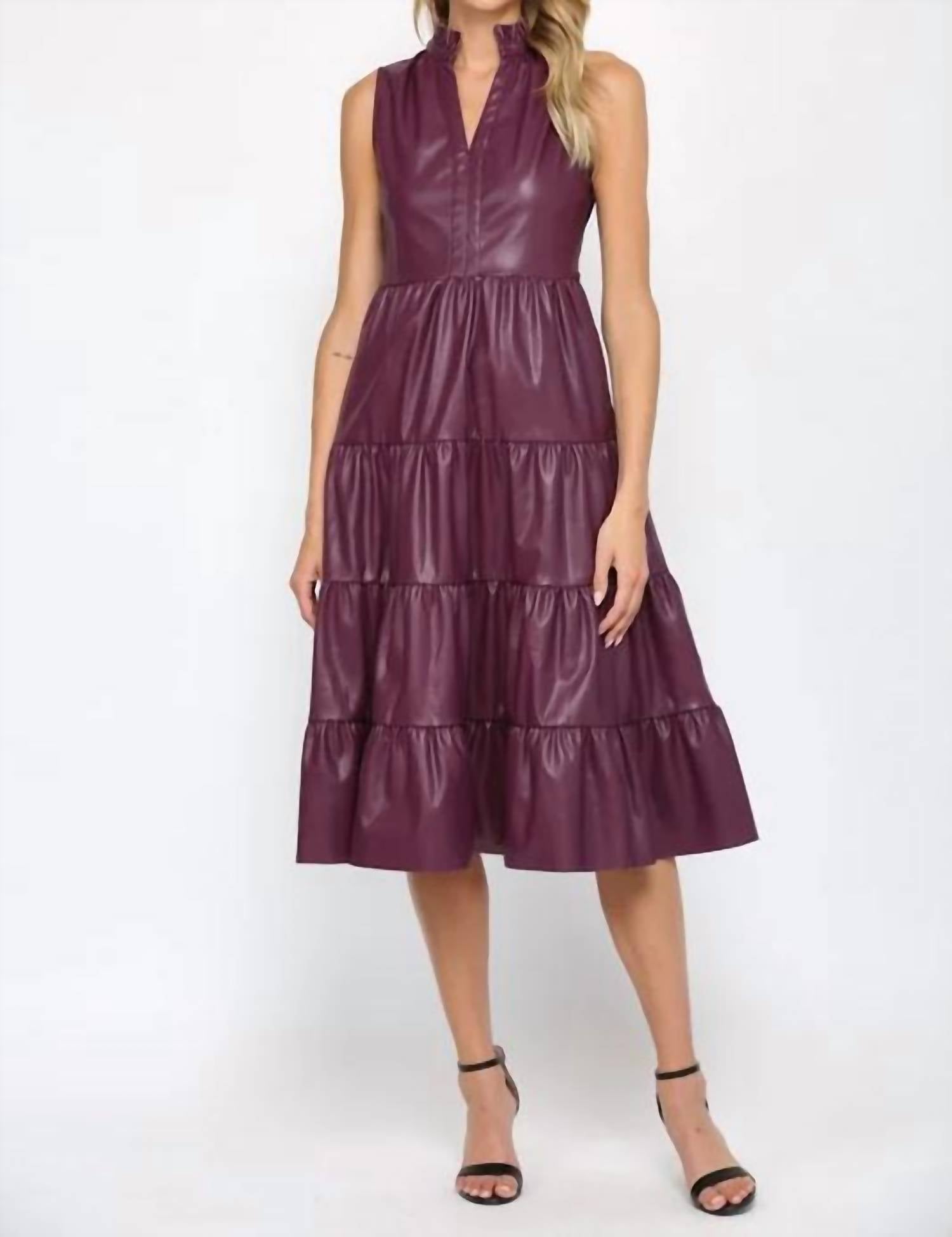 Fate - Faux Leather Sleeveless Tiered Midi Dress
