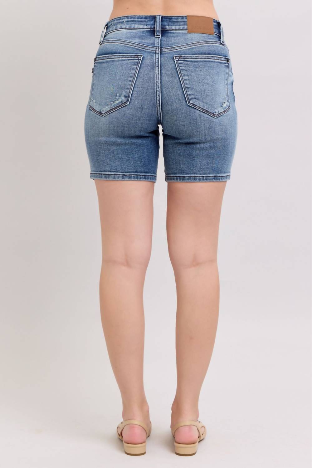 Judy Blue Button Fly Mid Lengthshorts With Destroy in blue - women's shorts - alternate view