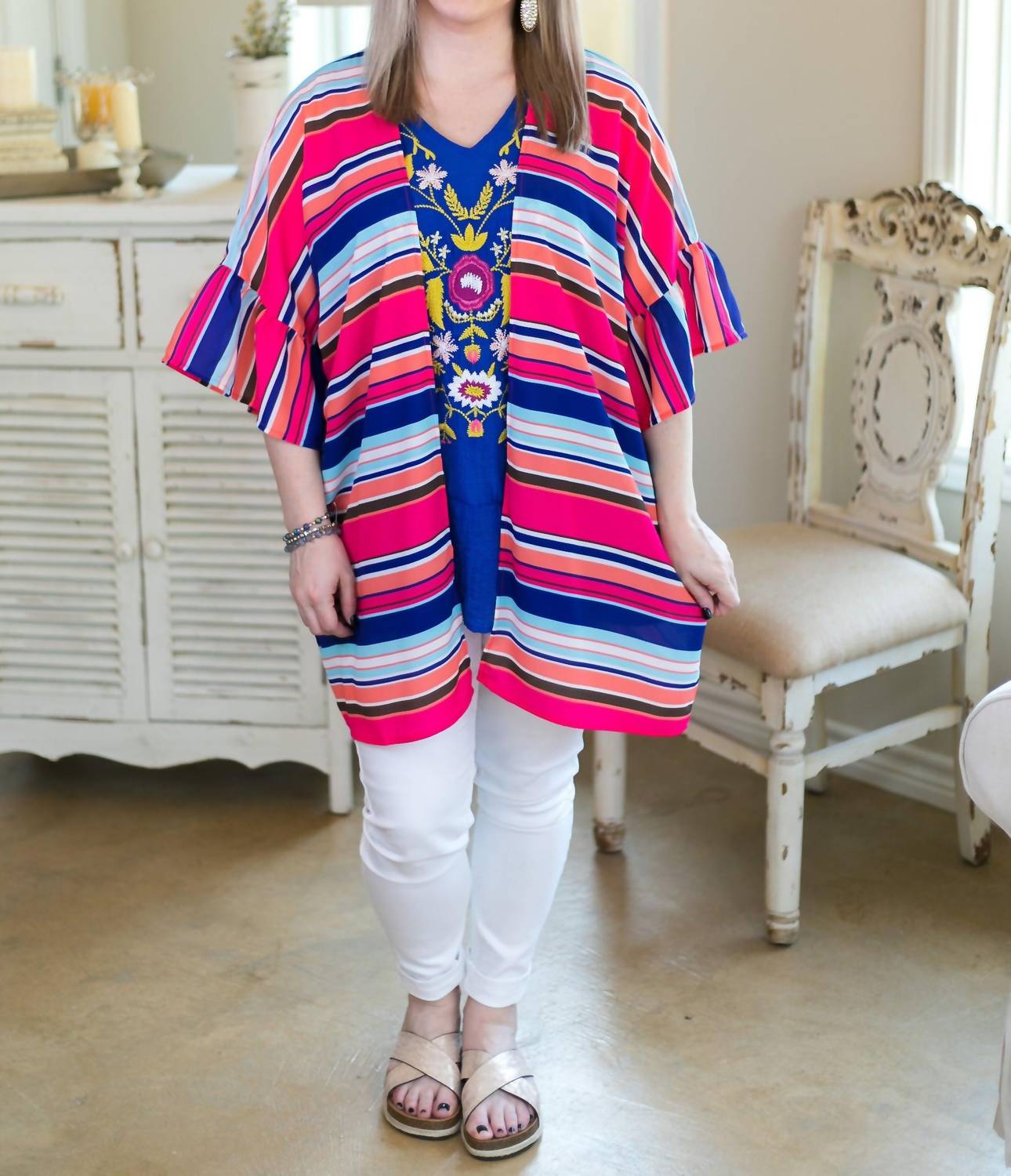 Umgee - Ruffle Sleeve Bright Striped Kimono