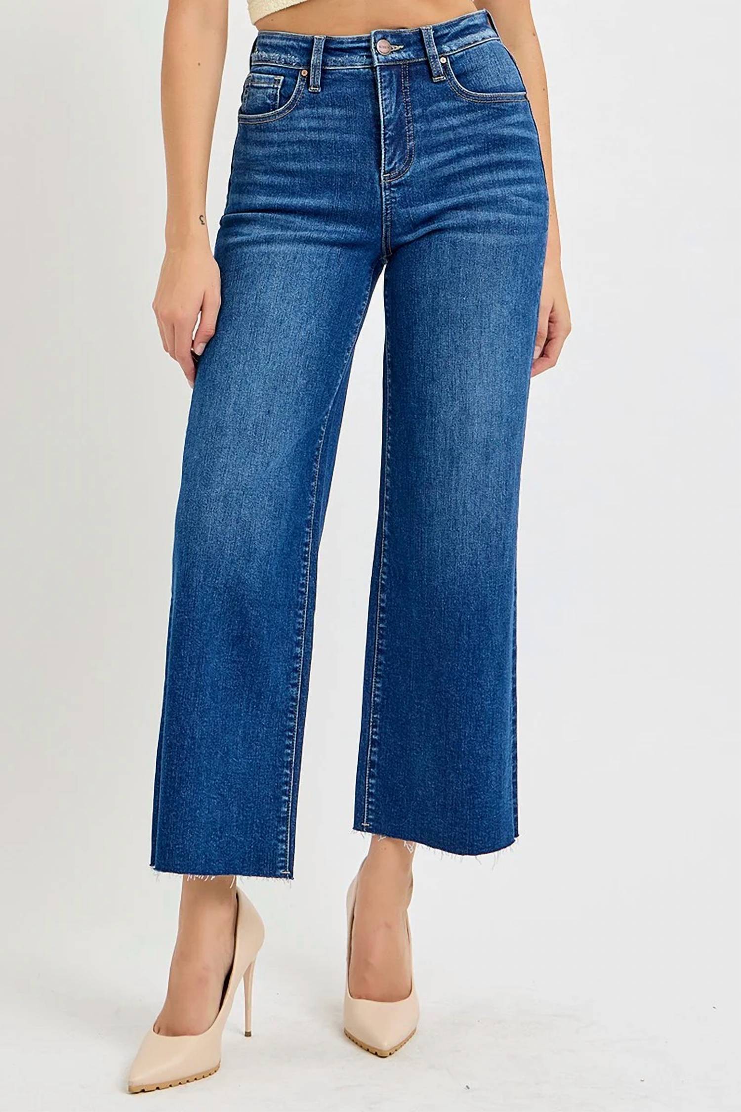 Risen - Tummy Control High Rise Crop Wide Leg Jeans