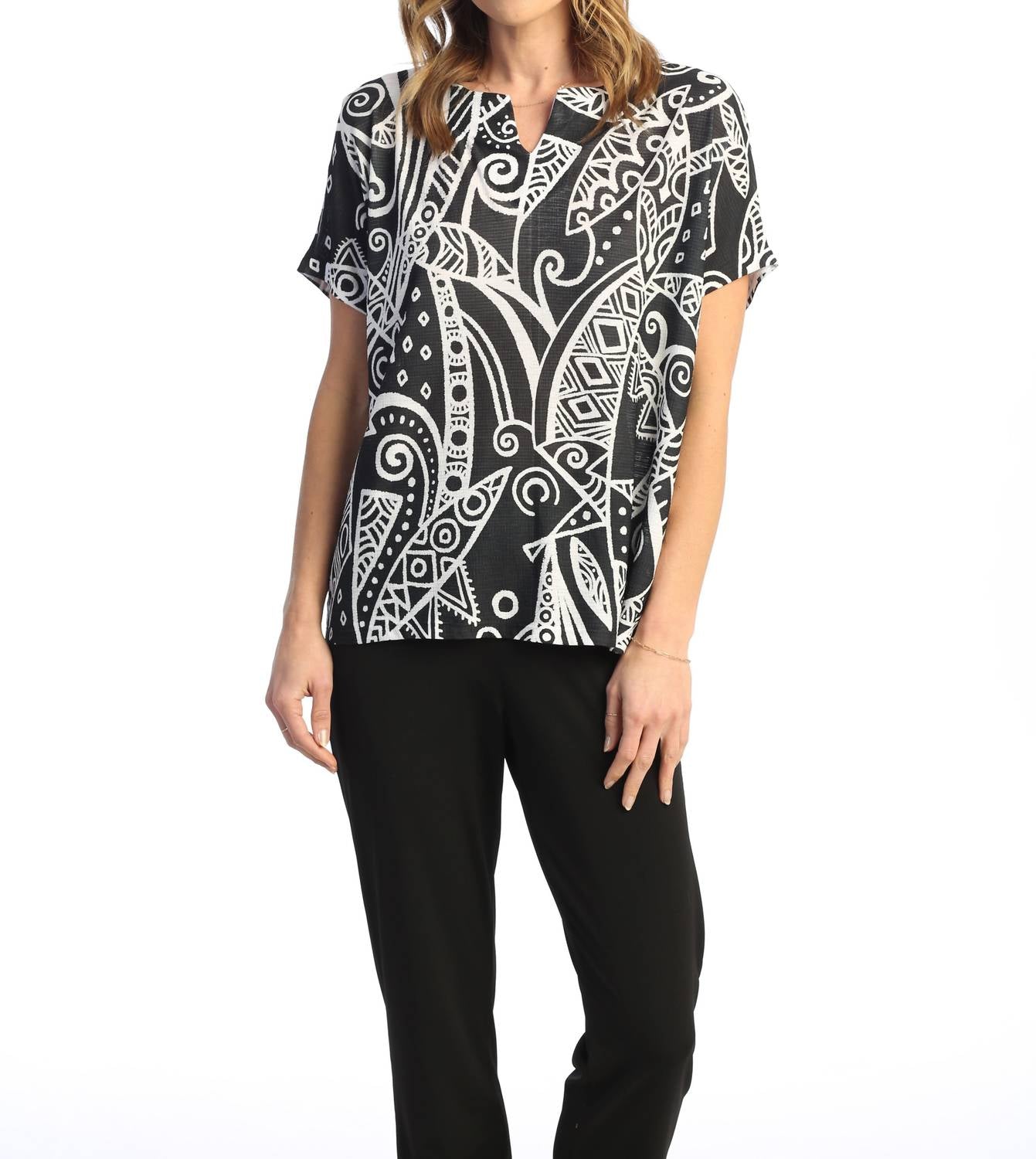 Jess & Jane Short Sleeve Notch Neck Top - Plus Size in mystery - women's blouse - detail view