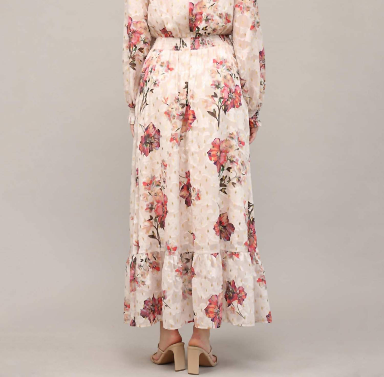 Fate Floral Metallic Ruffle Maxi Dress in cream and gold - women's dress - view 4