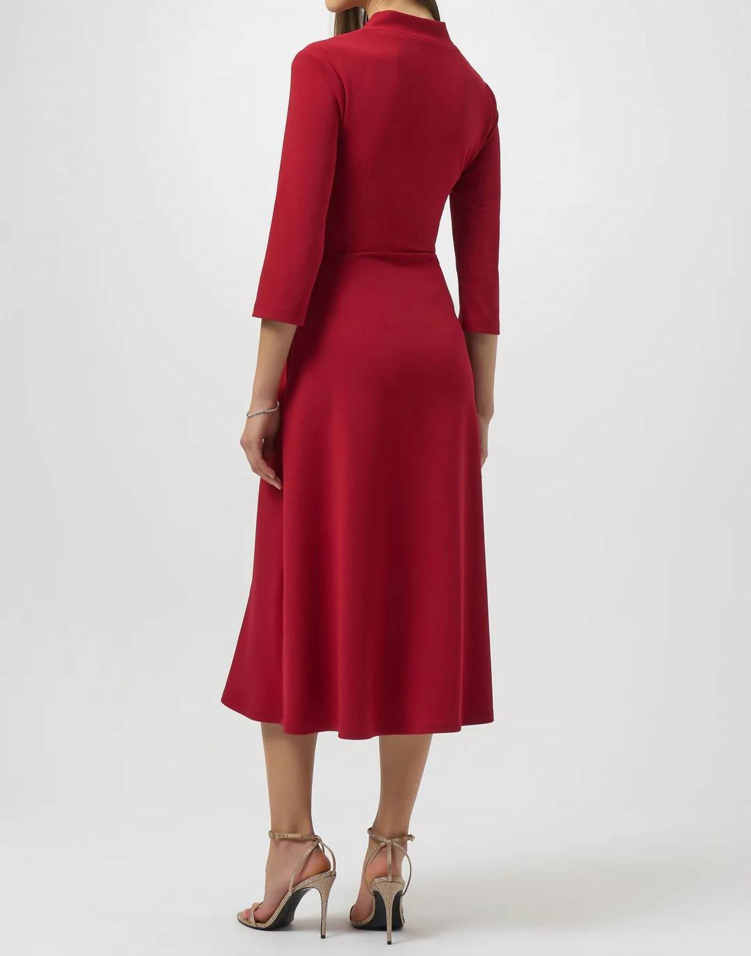 Joseph Ribkoff Waist Tie 3/4 Sleeve Fit And Flare Dress in deep cherry - women's dress - detail view