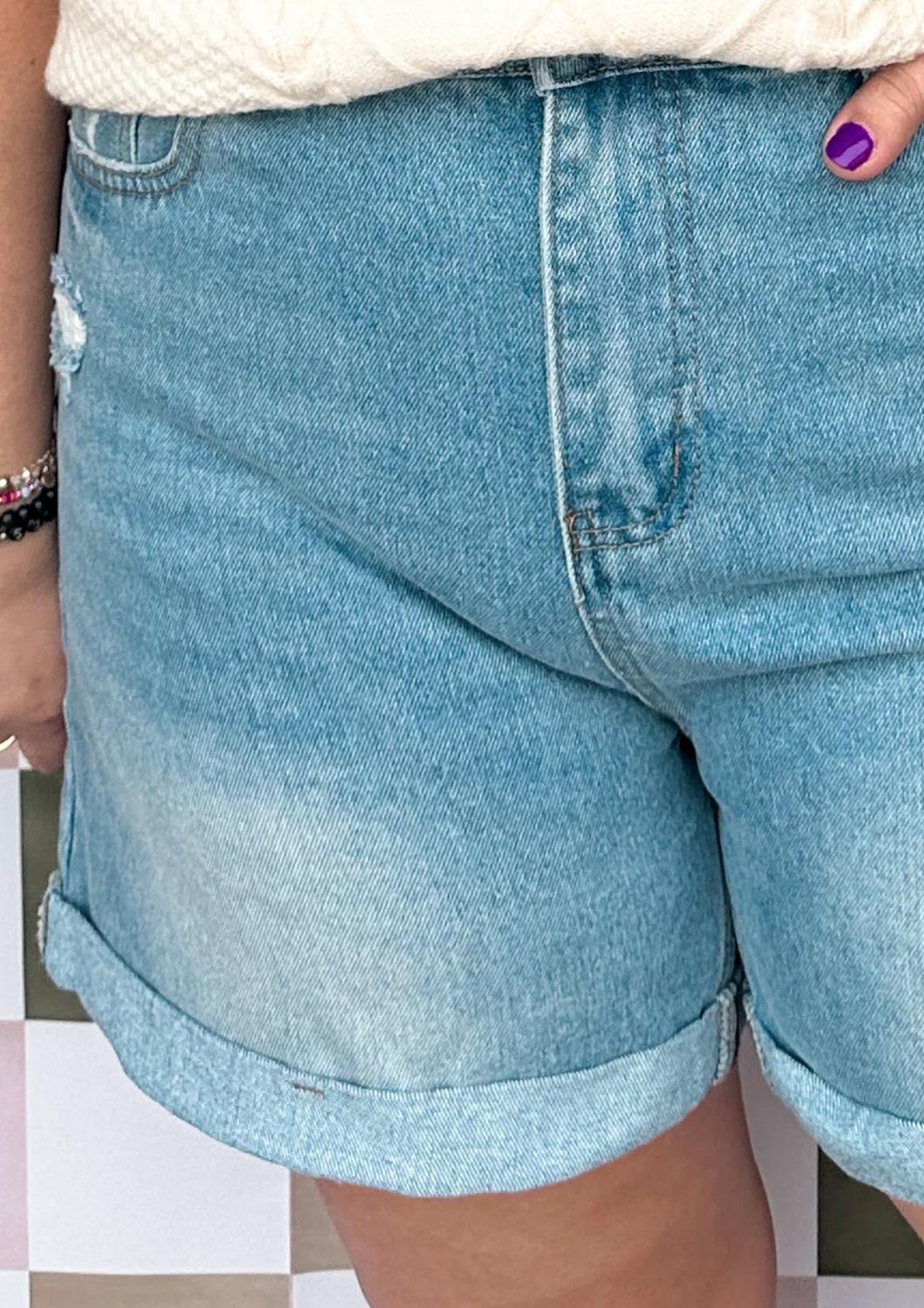 Sweetkama - High Waist Folded Hem Denim Short