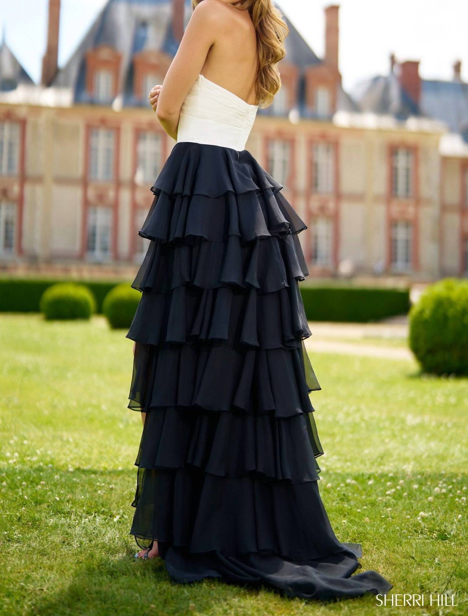 Sherri Hill Ruffle Skirt Strapless Sweetheart Dress in ivory black - women's dress - alternate view