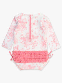 Rufflebutts - Butterfly Garden Toile Long Sleeve One Piece Ruffle Rash Guard Swimsuit