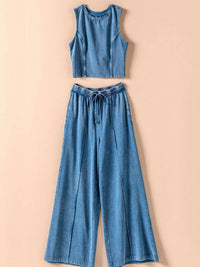 Urban Daizy Women's Liberty Mineral Cotton Crop Tank & Wide Leg Pant Set in blue - women's sleepwear