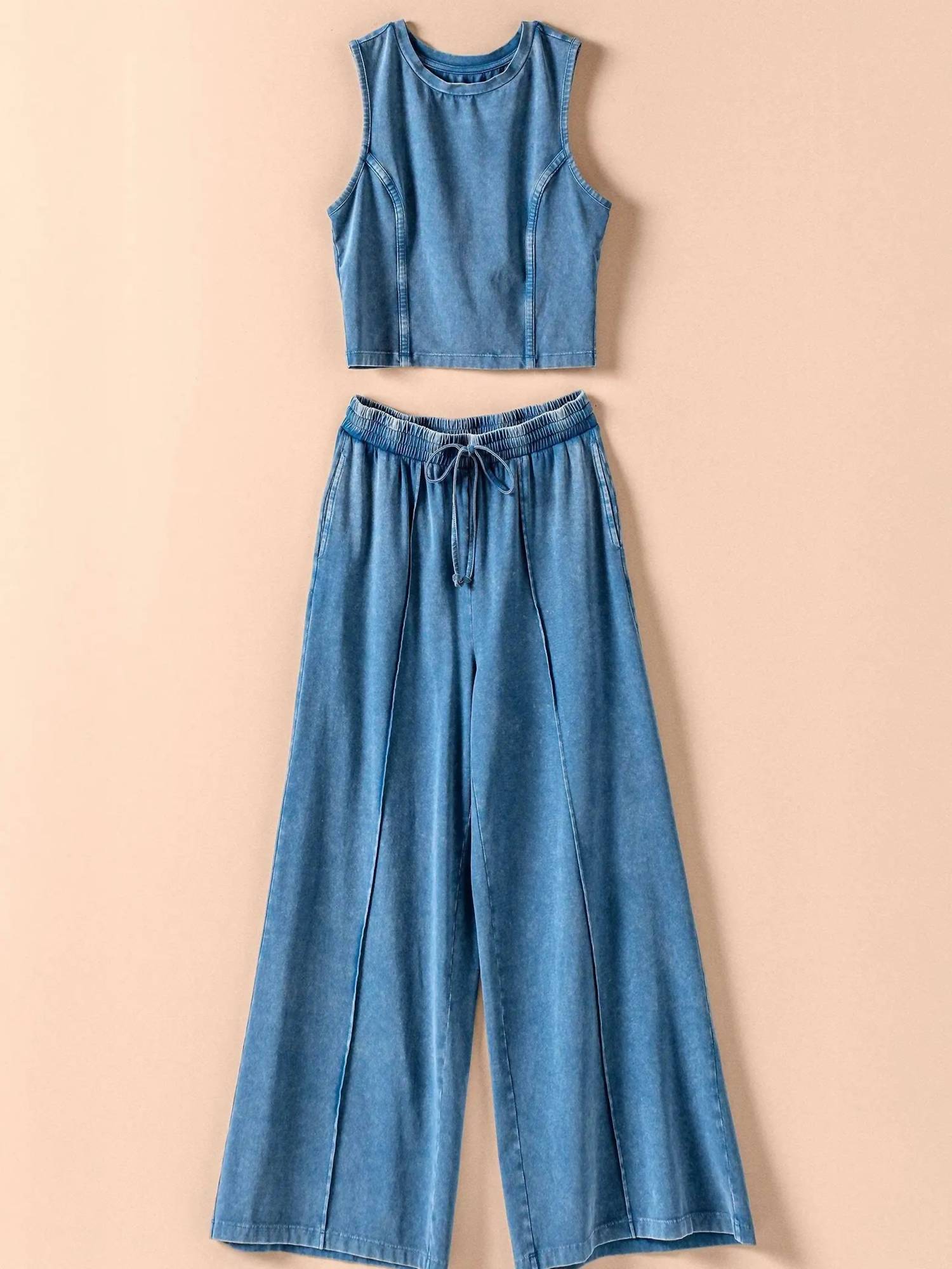 Urban Daizy Women's Liberty Mineral Cotton Crop Tank & Wide Leg Pant Set in blue - women's sleepwear