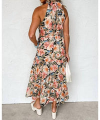 Little Daisy Closet Boho Floral Print Knotted Halter Ruffled Maxi Dress in multi - women's dress - detail view