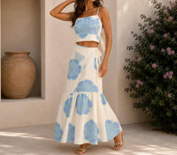 Mystery Resort - Azure Bloom Tie Top Maxi Skirt Set