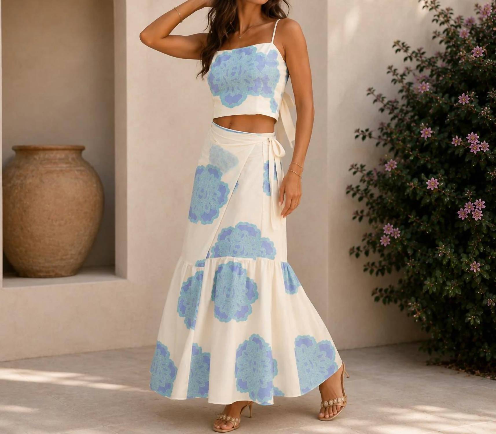 Mystery Resort - Azure Bloom Tie Top Maxi Skirt Set