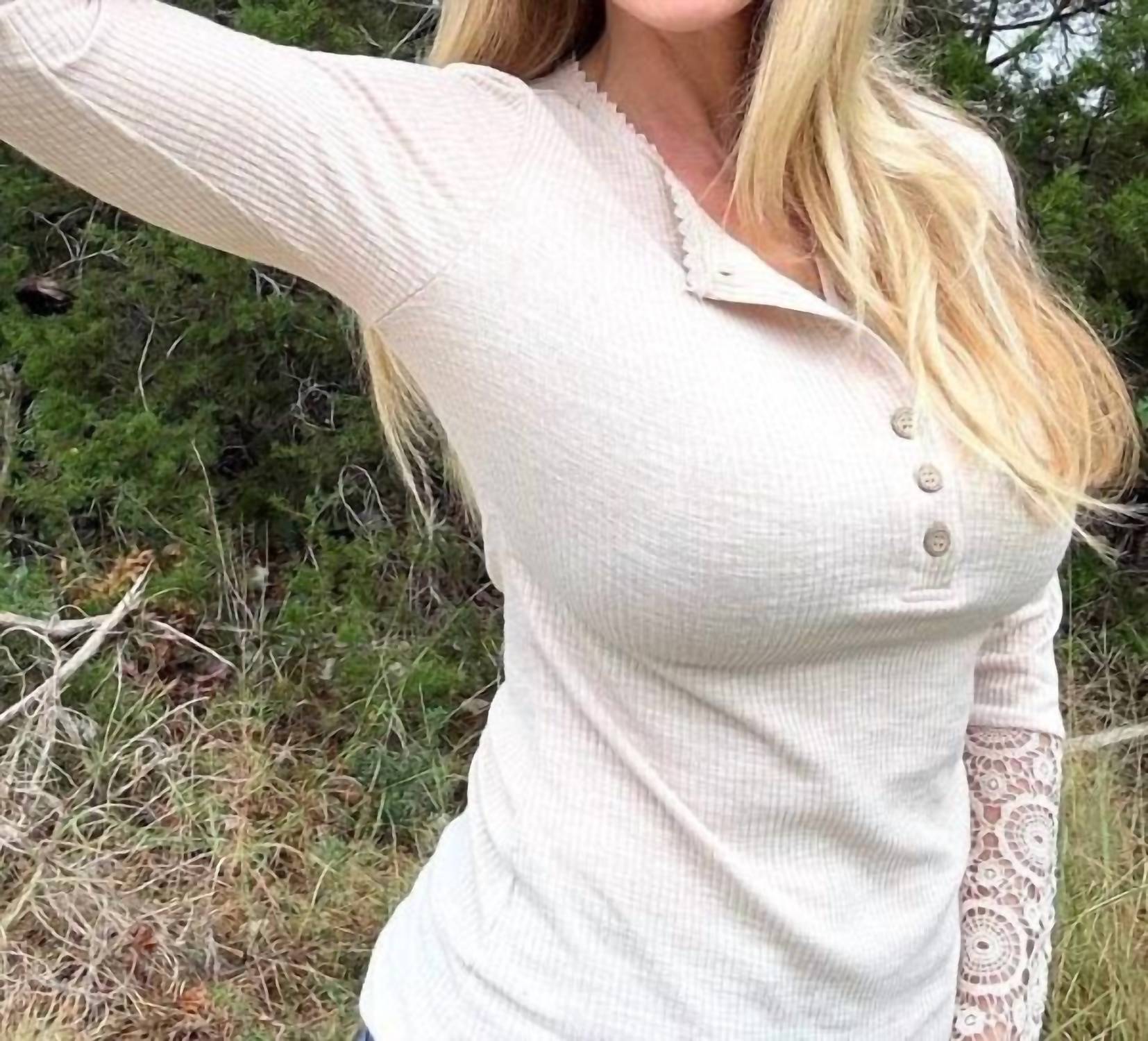 Thomas & Co Women's Crochet Lace Button Top in beige - women's long sleeve top - alternate view