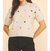 Pinch - Floral Embroidered Short Sleeve Sweater