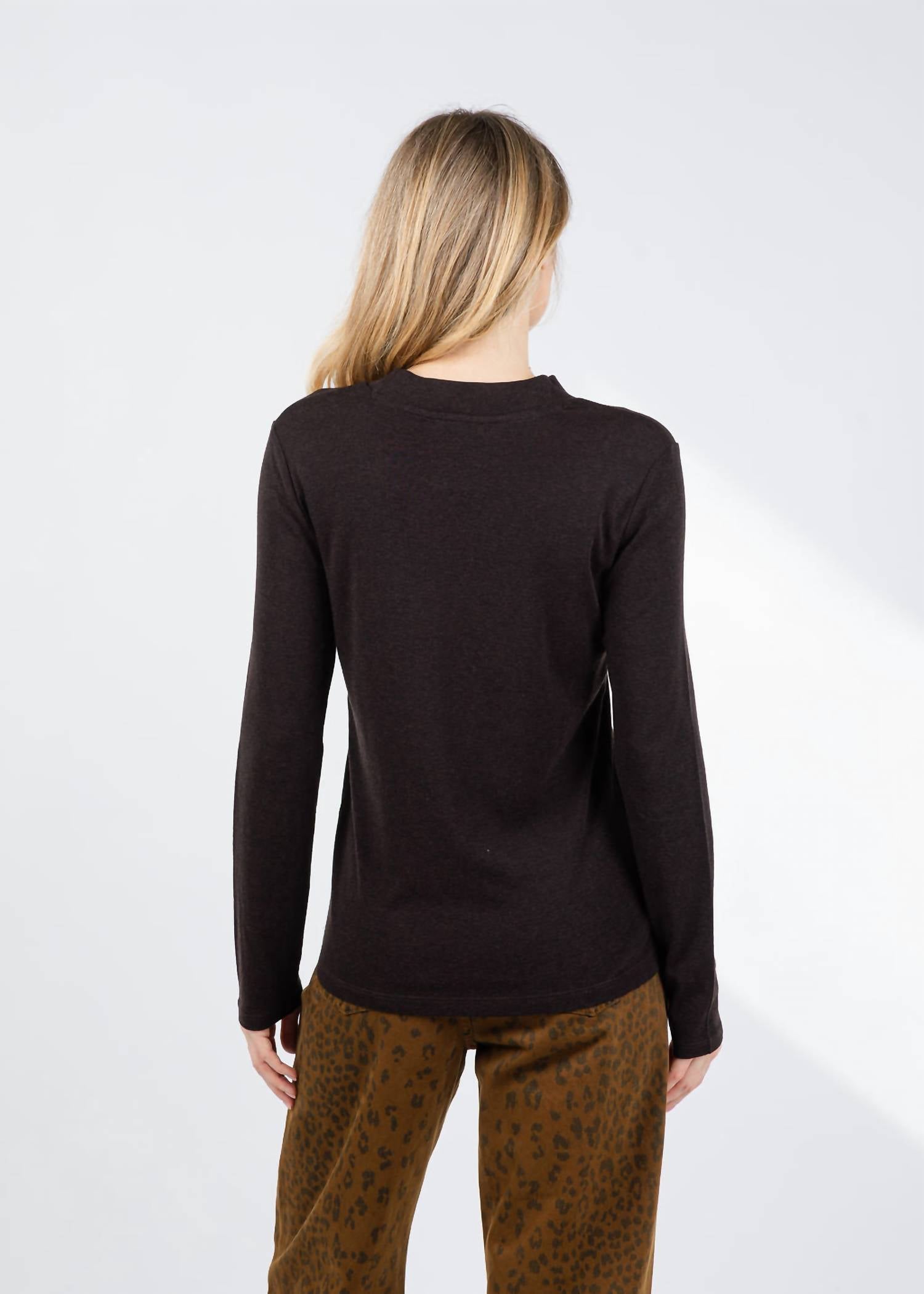 REPEAT cashmere Wool Blend Crew Top in dark brown - women's long sleeve top - view 5