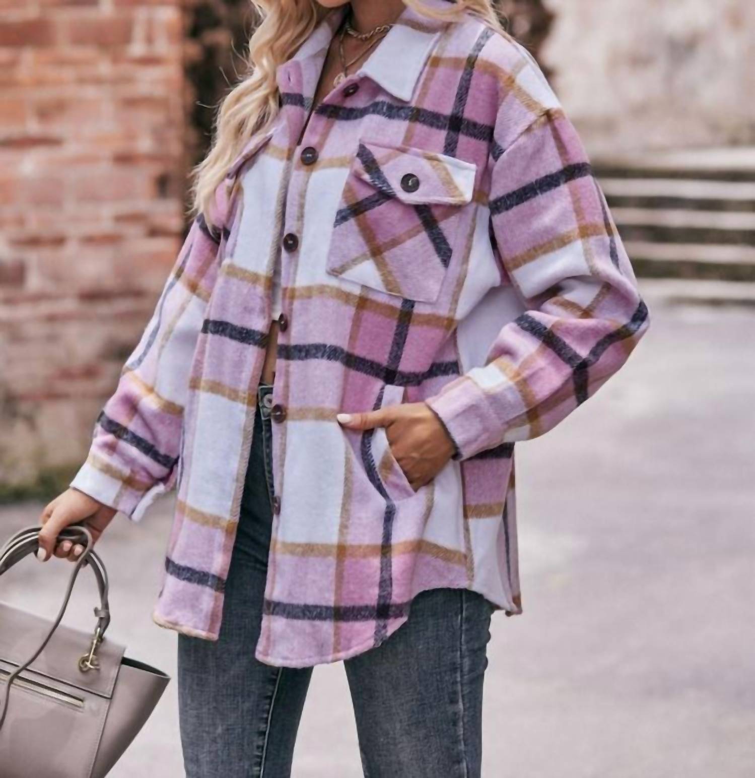 Lovesoft Women's Casual Loose Plaid Jacket in pink - women's jacket - detail view