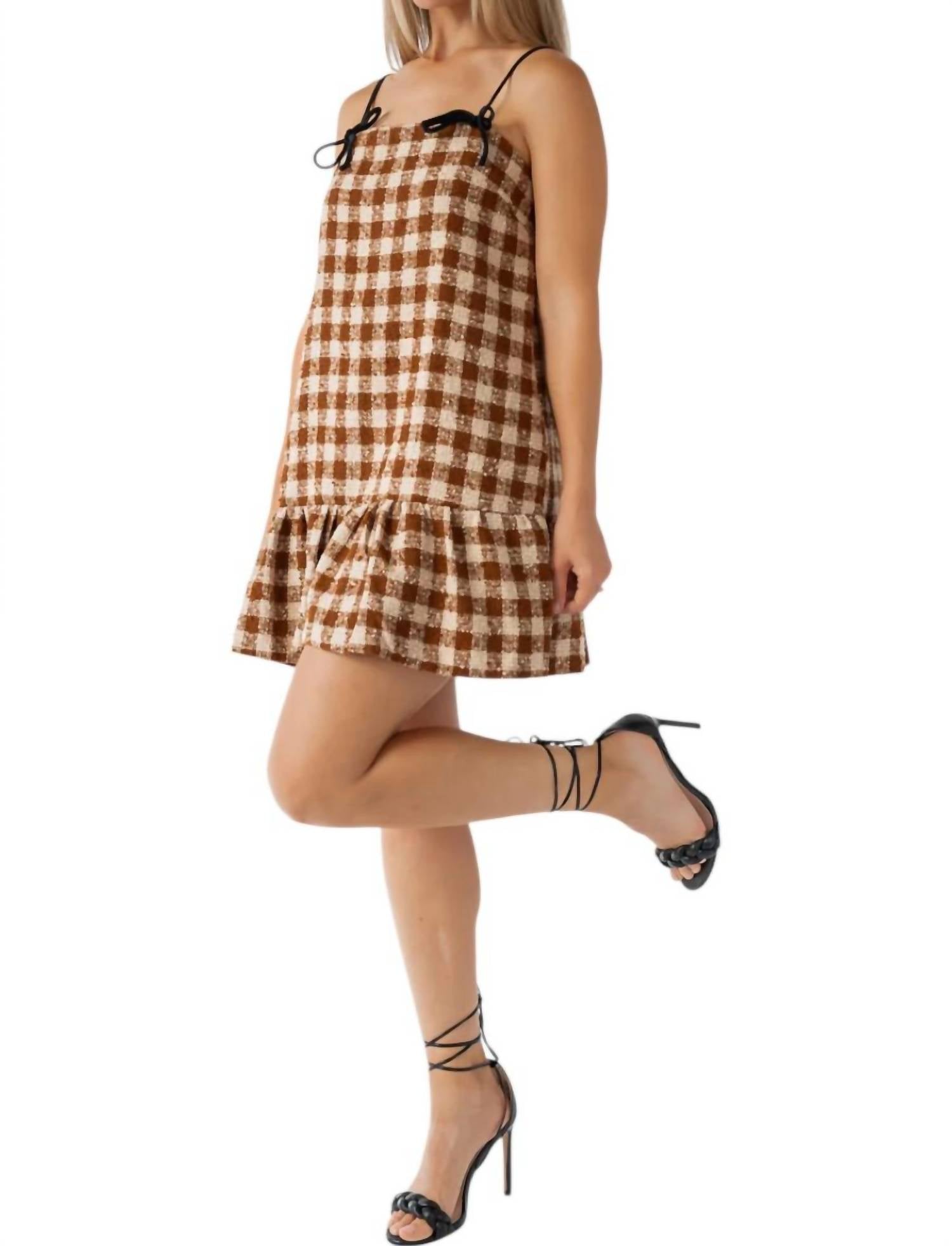 Aureum - Velvet Bow Trim Tweed Mini Dress