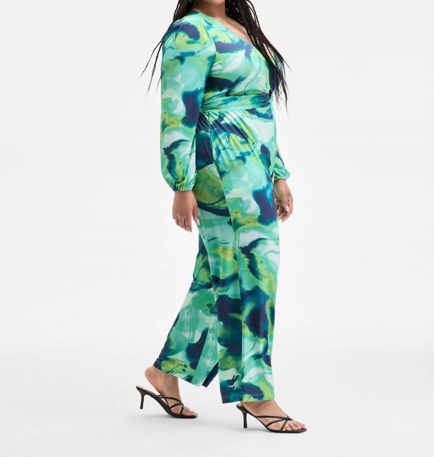 Nina Parker Long-sleeve Ring-detail Jumpsuit - Plus Size in neon marble - women's pants - detail view