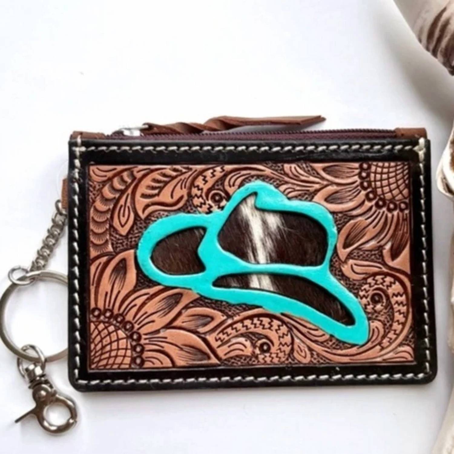 Boho Ranch - Women's Cowboy Hat Western Cowhide Tooled Leather Keychain Wallet