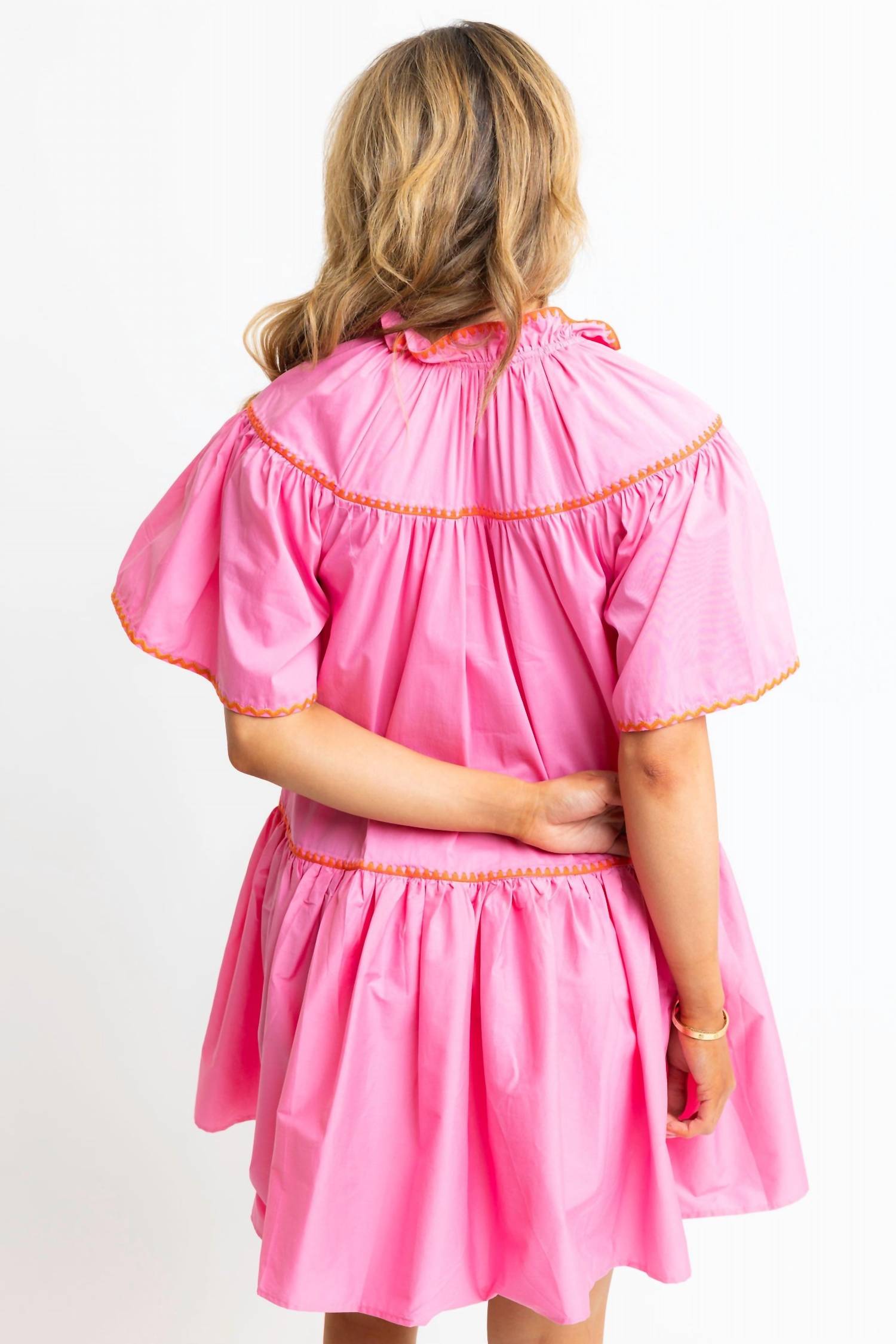 Karlie - Solid Contrast Embroidered V Neck Tier Dress