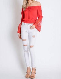 Davi & Dani - Off Shoulder With Sheer Lace Detailed Bell Sleeves Top