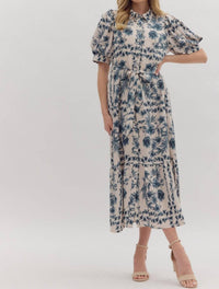 Entro - Puff Sleeves & Tie Waist Floral Midi Dress